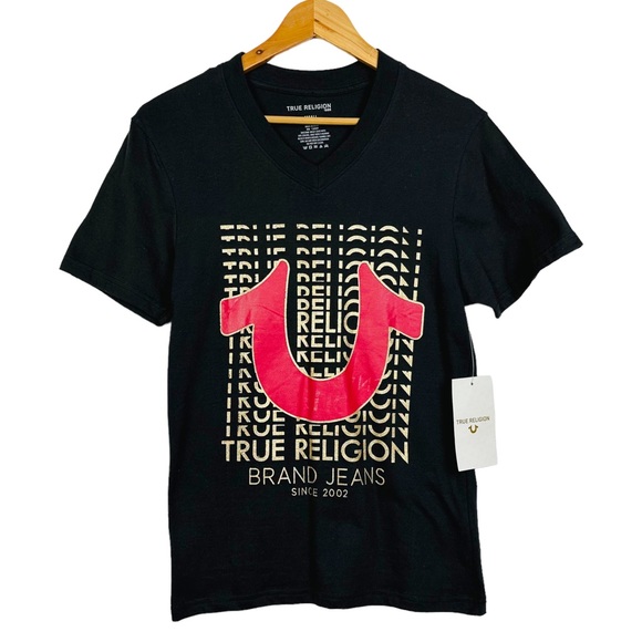 True Religion V Neck All Over Gold Metallic Logo Stretchy Short Sleeve T Shirt S - Picture 10 of 10
